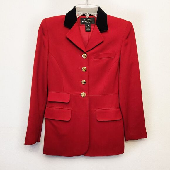 Lauren Ralph Lauren Jackets & Blazers - VTG RALPH LAUREN Red Wool Blazer Riding Equestrian Longline 90s Velvet USA Sz 2P